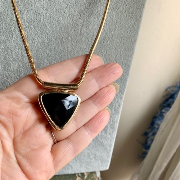 Gold Tone Snake Chain - Black Triangle Pendant Necklace. - Picture 5 of 8